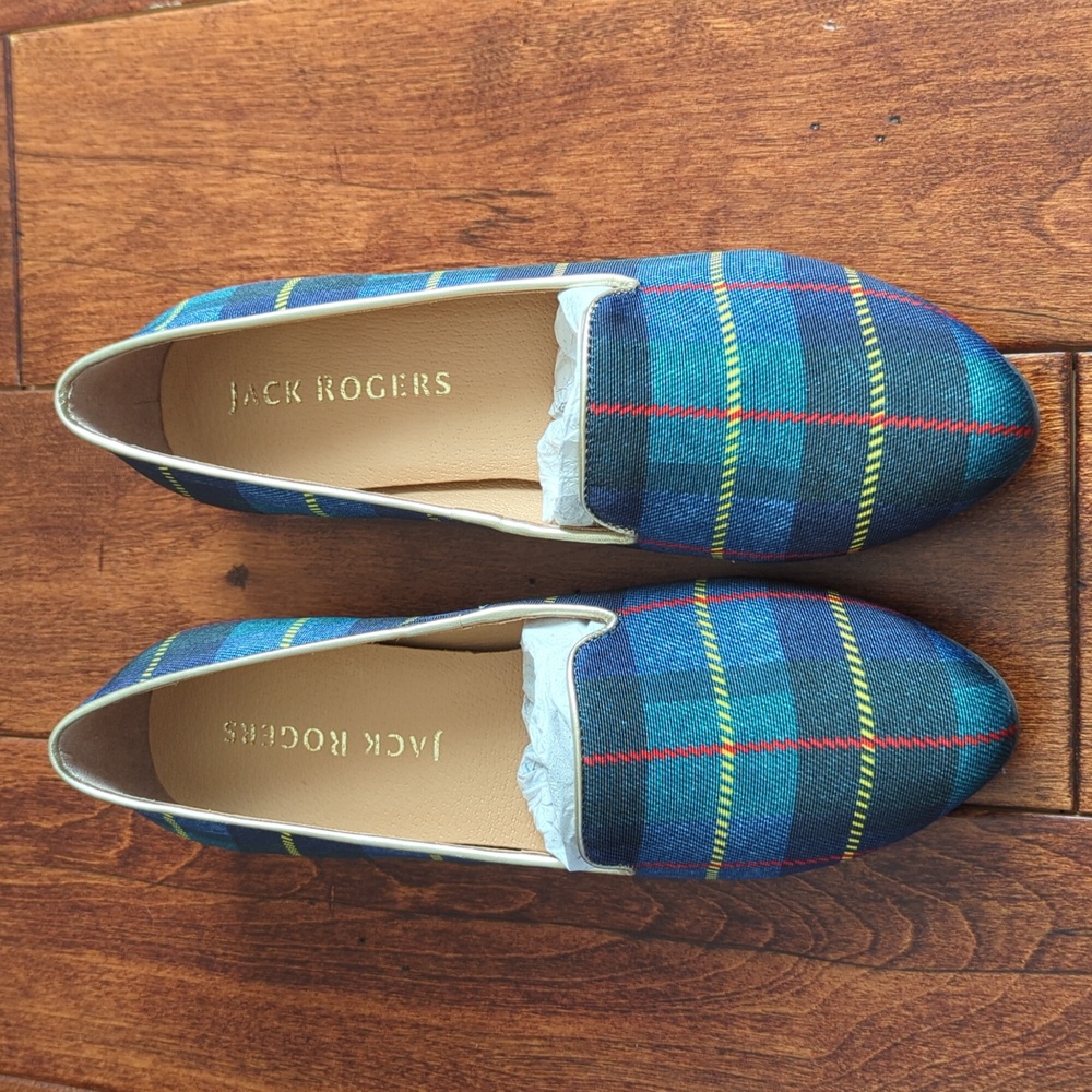 Jack Rogers Ginny Loafer blue and green plaid New!